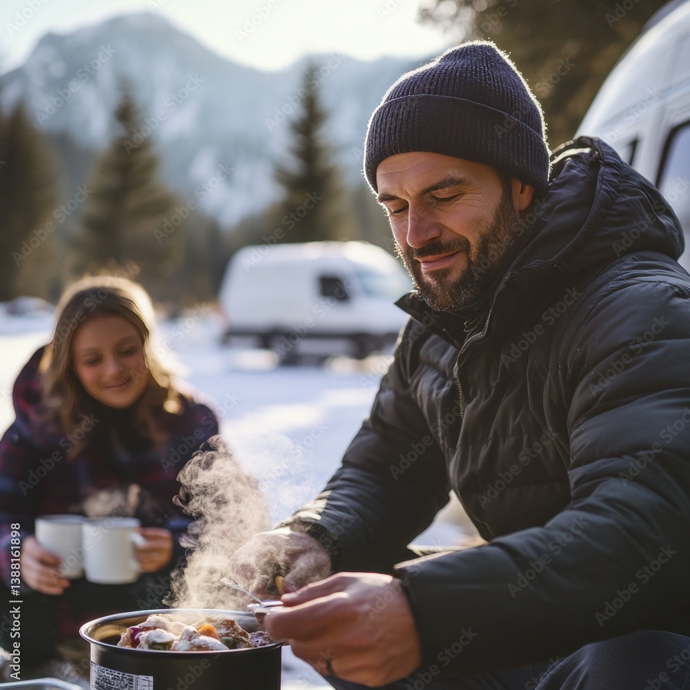 Nomadic family enjoys a warm winter meal beside their camper van, embracing the freedom of vanlife, sharing moments and meals in nature despite the cold weather.