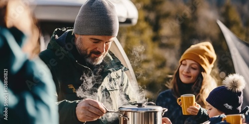 Obraz na płótnie Nomadic family enjoys a warm winter meal beside their camper van, embracing the freedom of vanlife, sharing moments and meals in nature despite the cold weather. w salonie