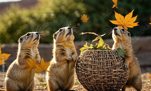 Three prairie dogs playfully interacting with a woven basket filled with leaves.