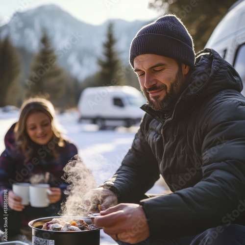 Nomadic family enjoys a warm winter meal beside their camper van, embracing the freedom of vanlife, sharing moments and meals in nature despite the cold weather.