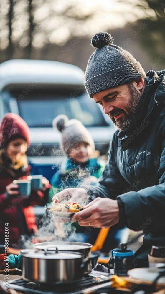 Nomadic family enjoys a warm winter meal beside their camper van, embracing the freedom of vanlife, sharing moments and meals in nature despite the cold weather.