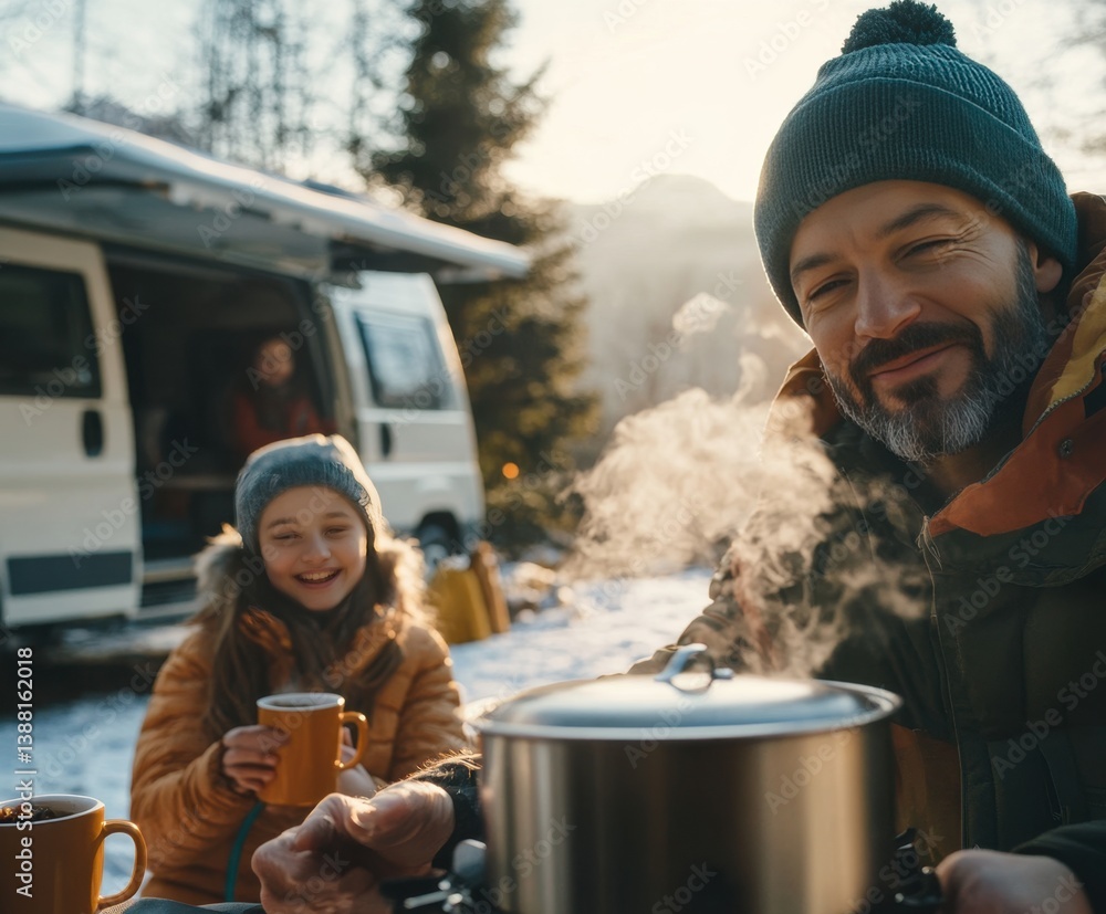 Nomadic family enjoys a warm winter meal beside their camper van, embracing the freedom of vanlife, sharing moments and meals in nature despite the cold weather.