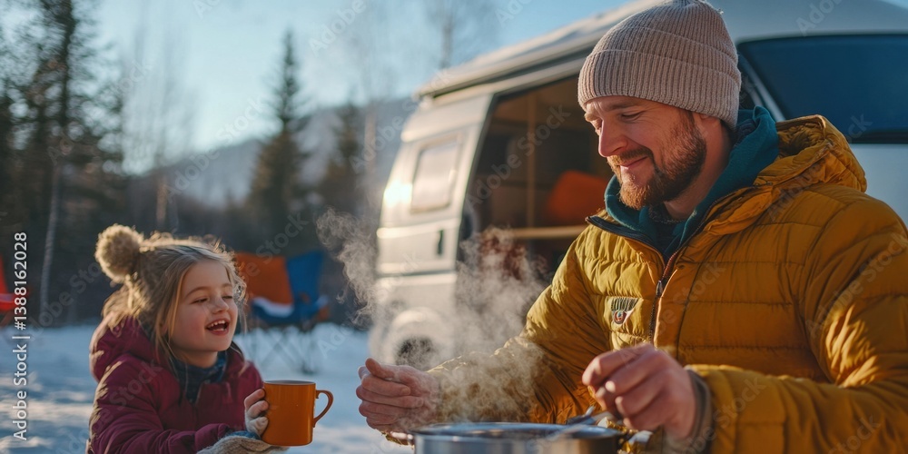 Nomadic family enjoys a warm winter meal beside their camper van, embracing the freedom of vanlife, sharing moments and meals in nature despite the cold weather.