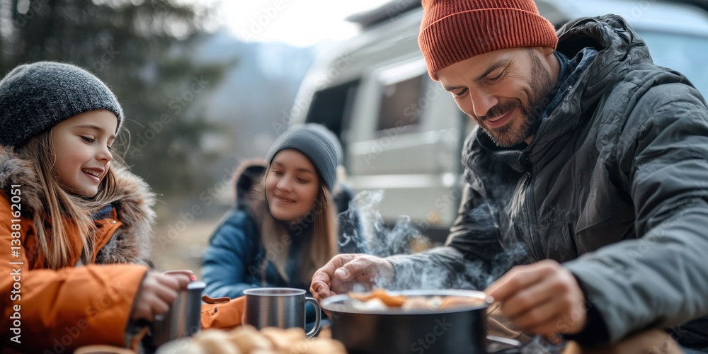 Nomadic family enjoys a warm winter meal beside their camper van, embracing the freedom of vanlife, sharing moments and meals in nature despite the cold weather.