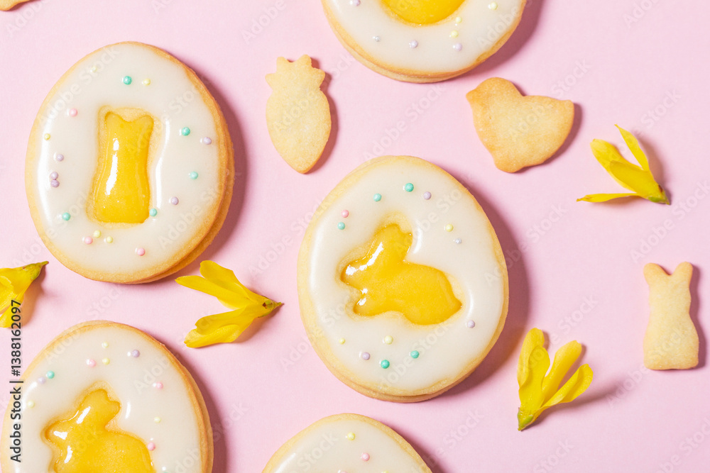 Easter egg cookies with lemon orange curd, covered with white icing and forsythia flowers.