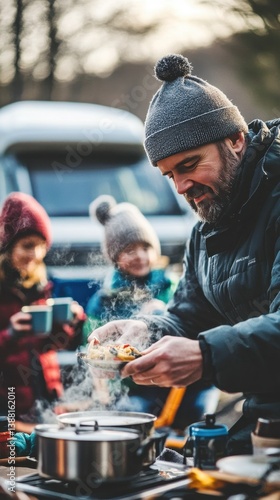 Nomadic family enjoys a warm winter meal beside their camper van, embracing the freedom of vanlife, sharing moments and meals in nature despite the cold weather.