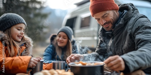 Obraz na płótnie Nomadic family enjoys a warm winter meal beside their camper van, embracing the freedom of vanlife, sharing moments and meals in nature despite the cold weather. w salonie