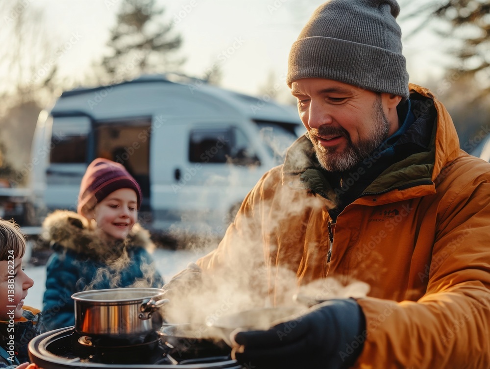 Nomadic family enjoys a warm winter meal beside their camper van, embracing the freedom of vanlife, sharing moments and meals in nature despite the cold weather.
