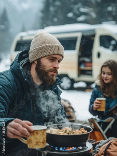 Obraz na płótnie Nomadic family enjoys a warm winter meal beside their camper van, embracing the freedom of vanlife, sharing moments and meals in nature despite the cold weather. w salonie