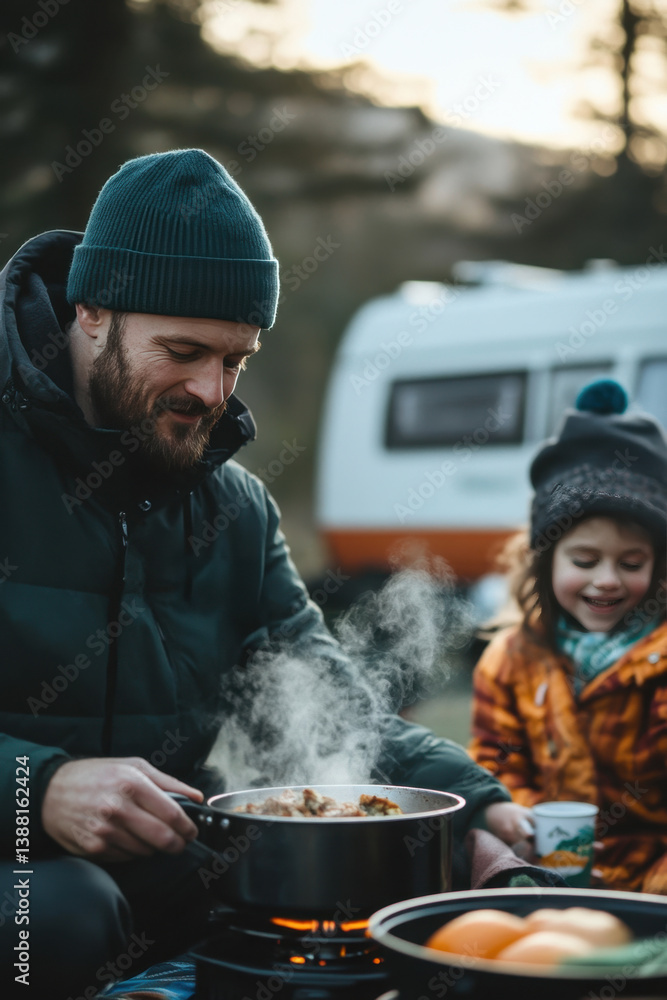 Nomadic family enjoys a warm winter meal beside their camper van, embracing the freedom of vanlife, sharing moments and meals in nature despite the cold weather.