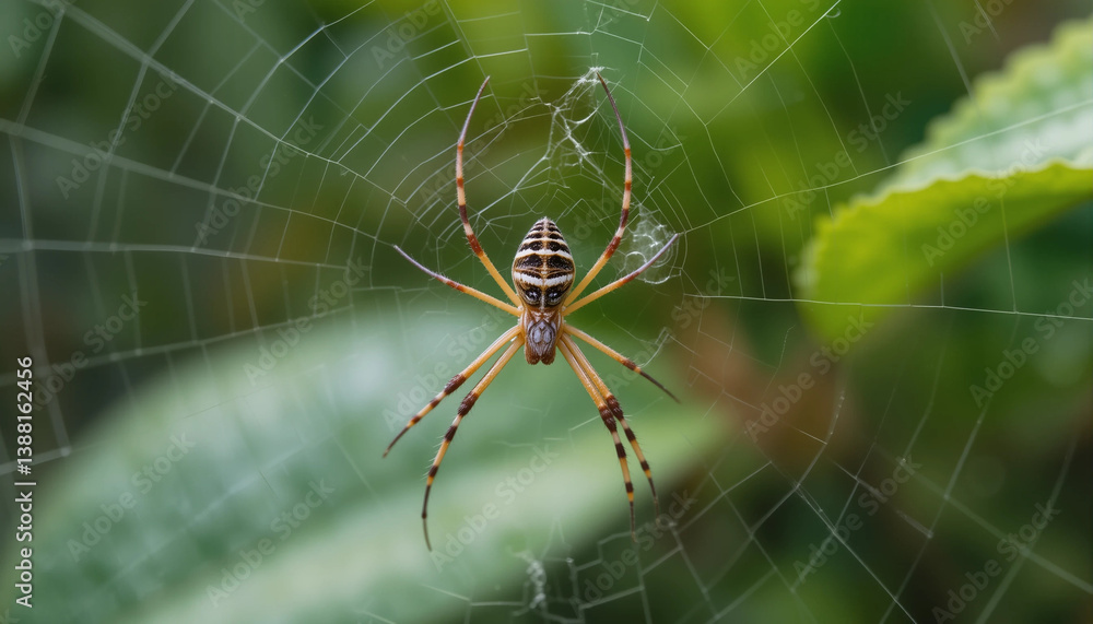Spider web's intricate beauty: Macro lens captures the delicate structure of a spider web, with the spider at the center. Reveals intricate patterns and texture of nature's artwork. Spider web's intricate beauty: Macro lens captures the delicate structure of a spider web, with the spider at the center. Reveals intricate patterns and texture of nature's artwork.