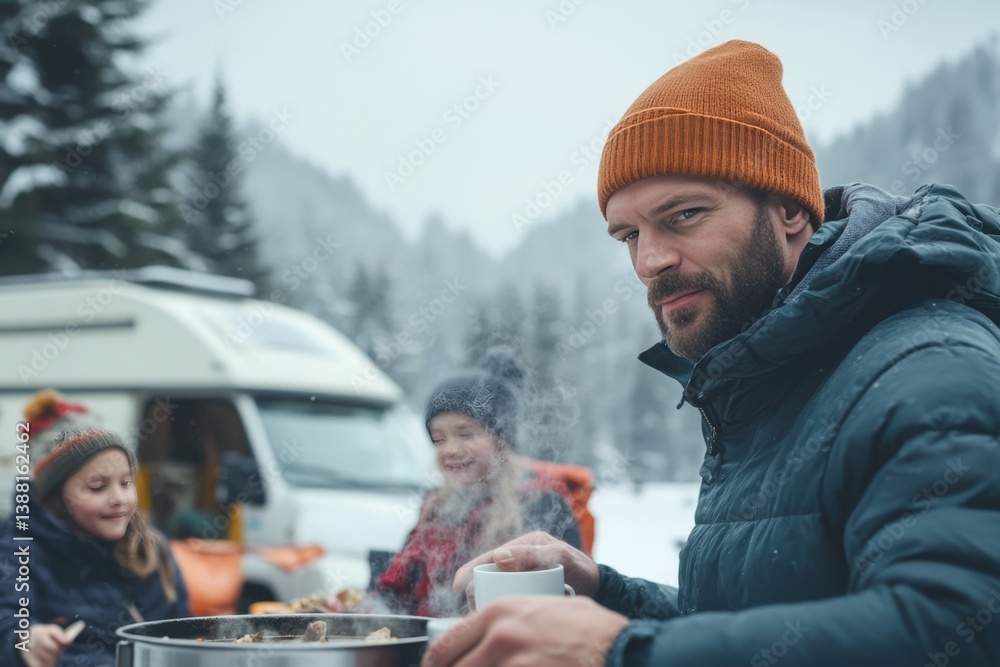 Nomadic family enjoys a warm winter meal beside their camper van, embracing the freedom of vanlife, sharing moments and meals in nature despite the cold weather.