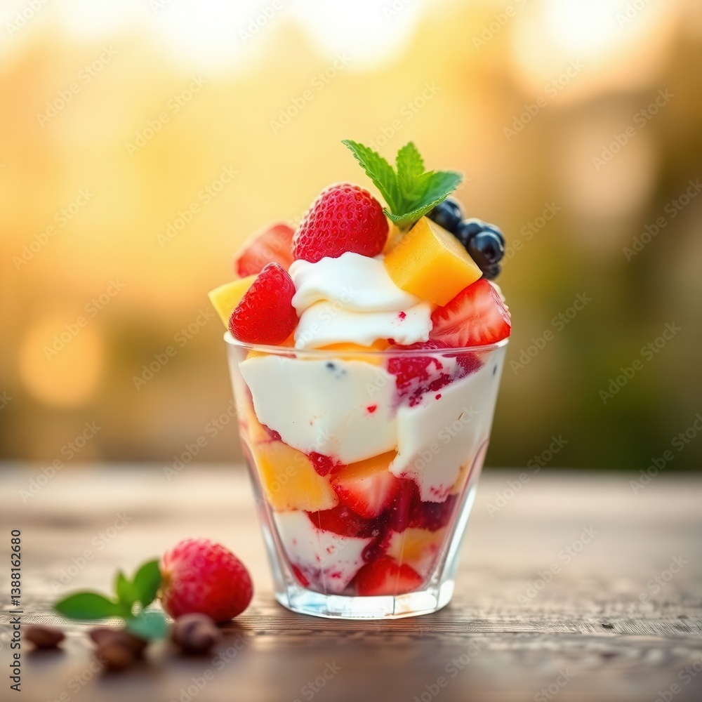 Delicious fruit parfait in a glass on a wooden table, illuminated by warm sunlight in the background. Delicious fruit parfait in a glass on a wooden table, illuminated by warm sunlight in the background.