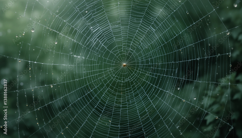 Obraz premium Spiderweb Artistry: The image captures the intricate design of a spiderweb glistening with dewdrops, showcasing the artistry of nature's architects and natural patterns.