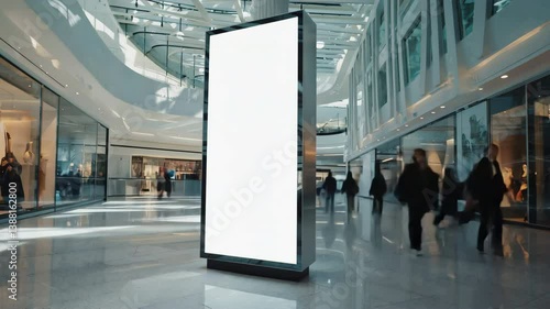 Modern Shopping Mall Interior with Large Advertising Display, Showcasing Architecture and People.