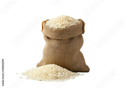 floating burlap sack overflowing with grains of rice spilled on  a solid white background