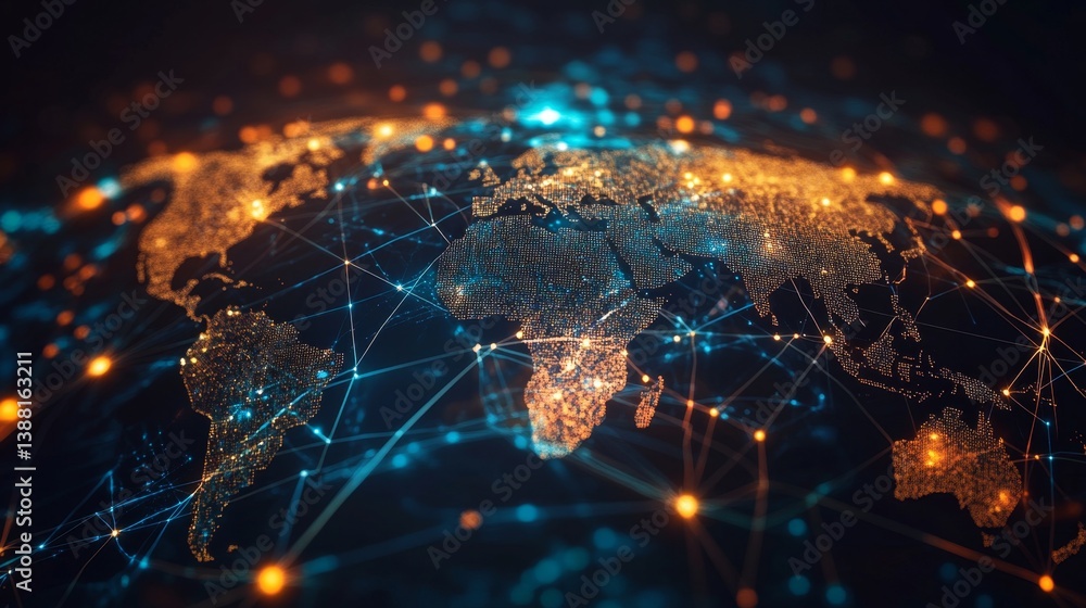Obraz premium Global network connectivity visualization digital world map infographic high-tech environment aerial view data representation
