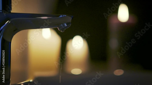 Close-up of dripping water from a faucet with blurred candlelight in the background. Calm, intimate atmosphere in a bathroom or spa setting.