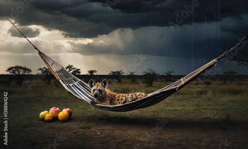 A hyena relaxes in a hammock under a stormy sky, surrounded by colorful fruits.