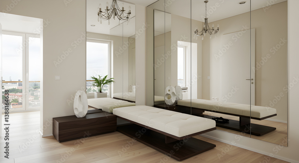 Fototapeta premium Modern Foyer Design with Bench and Oversized Mirror in a Luxury Penthouse