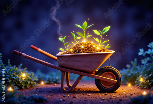 Magical glowing compost in enchanted wheelbarrow, mystical garden