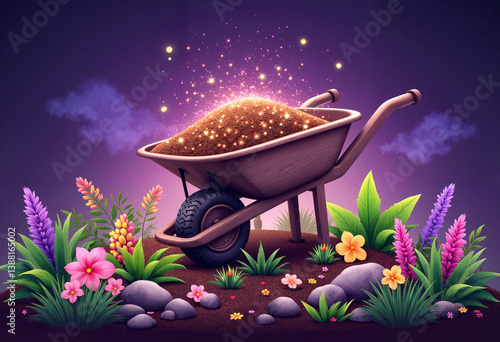 Enchanted wheelbarrow with glowing soil, magical garden scene