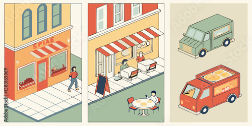 Isometric Cityscape Illustration of "SPIKE" Cafe, Restaurant with Outdoor Dining, People and Food Trucks - Colorful Urban Scene
