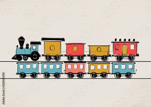 Illustration of a colorful toy train with multiple cars on a white textured background