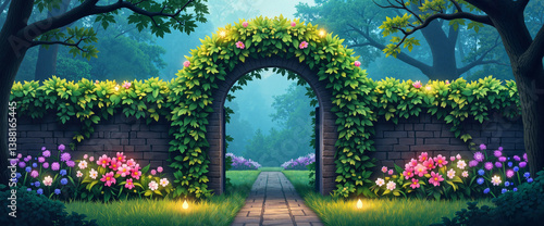 Enchanted ivy-covered gate in magical forest, dreamlike escape