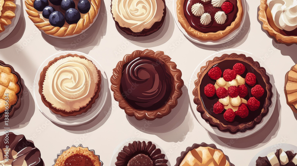 A collection of sweet pies illustrated in vector style, showcasing a variety of homemade pastries and shortcrust cakes from a top-down perspective, ideal for restaurant menus or dessert lovers A collection of sweet pies illustrated in vector style, showcasing a variety of homemade pastries and shortcrust cakes from a top-down perspective, ideal for restaurant menus or dessert lovers
