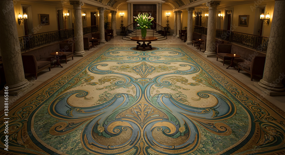 Obraz premium Elegant Art Nouveau Mosaic Flooring in Historic Hotel Lobby Setting