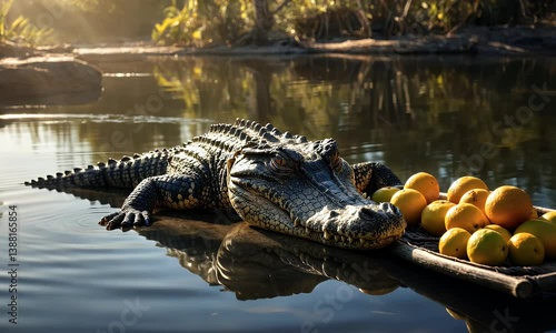 A crocodile rests near a riverbank, surrounded by oranges on a wooden platform.