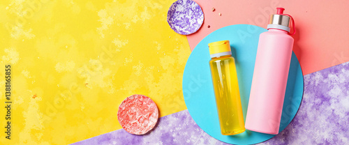 Stylish water bottles on vibrant geometric background, modern design