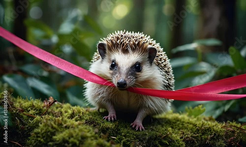 A hedgehog holding a pink ribbon in a lush, green forest setting.