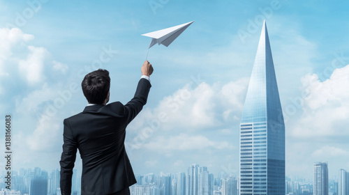 businessman in suit launches paper airplane against city skyline, symbolizing ambition