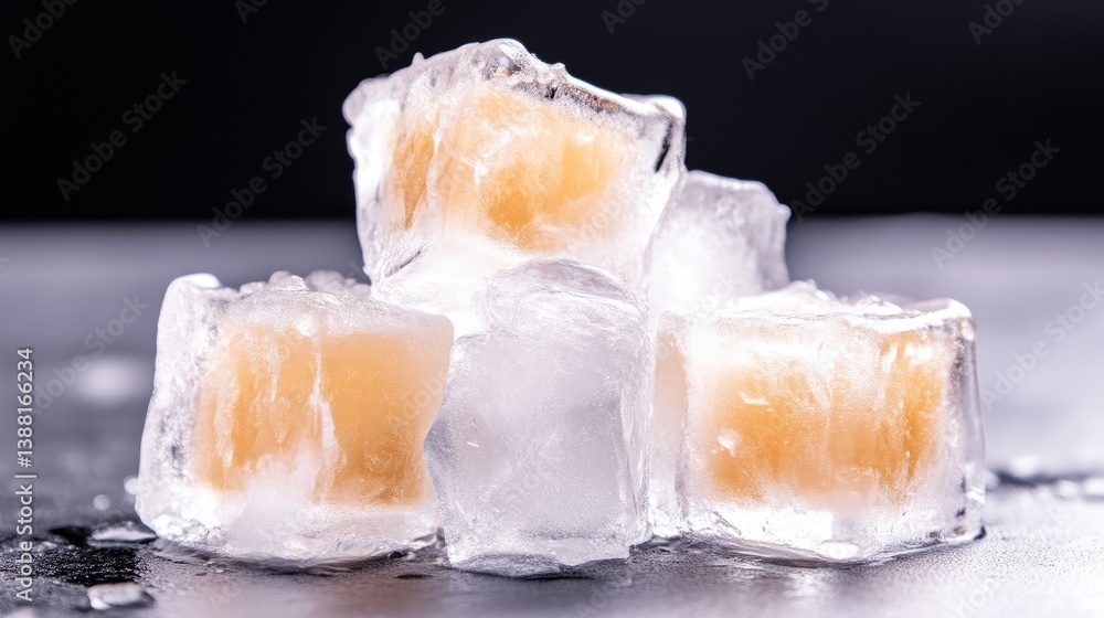 Several ice cubes, some containing a yellowish substance, are stacked on a dark surface. The image features a close-up composition, highlighting the texture of the ice. The lighting is bright, enhan Several ice cubes, some containing a yellowish substance, are stacked on a dark surface. The image features a close-up composition, highlighting the texture of the ice. The lighting is bright, enhan