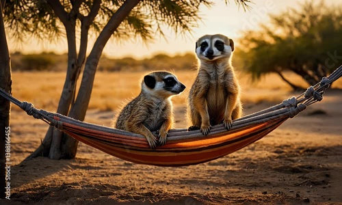 Two meerkats lounging on a hammock during sunset in a serene landscape.