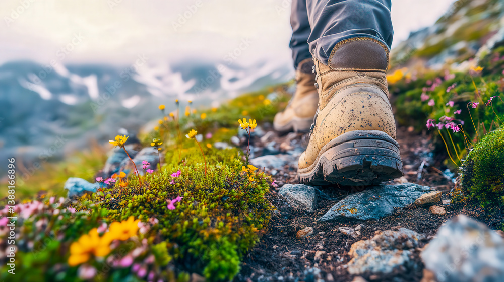 Hiking boots on natural trail, low-impact steps in alpine environment, sustainable walk through mountain flora, respectful travel in wild spaces. For ecotourism themes, mindful adventures, copy space. Hiking boots on natural trail, low-impact steps in alpine environment, sustainable walk through mountain flora, respectful travel in wild spaces. For ecotourism themes, mindful adventures, copy space.