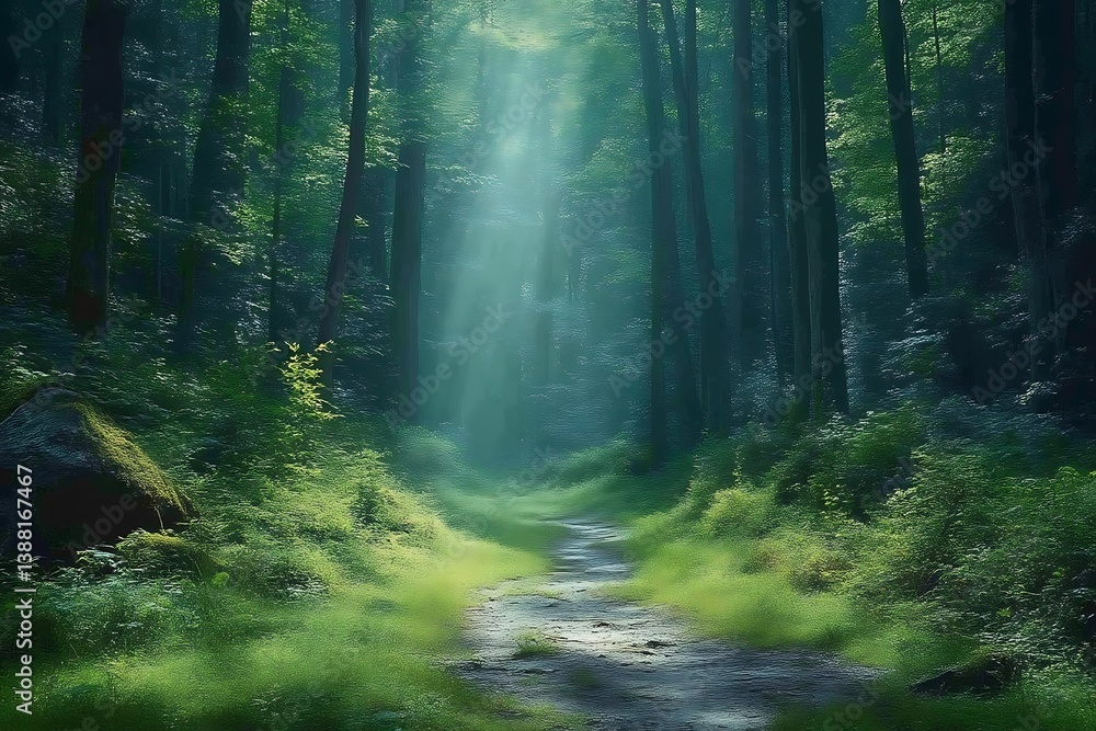 Fototapeta premium Sunlight filtering through the trees on a forest path