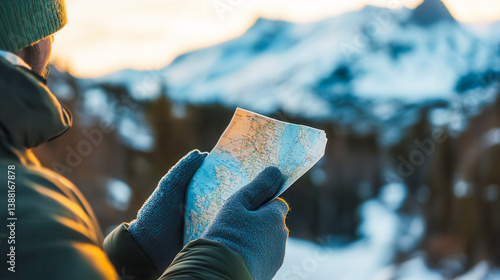 Hiking series: Outdoor navigation with paper map, man holding map in snowy mountain area, navigating alpine off-line, winter trail. For adventure concept, travel planning, copy space.