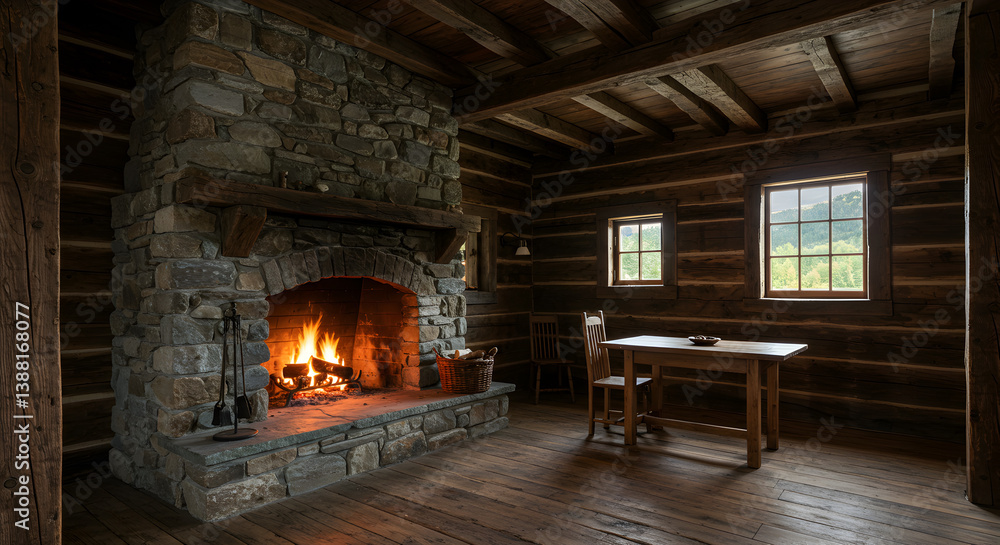 Inviting Cabin Interior Featuring Stone Fireplace and Rustic Wooden Beams Inviting Cabin Interior Featuring Stone Fireplace and Rustic Wooden Beams