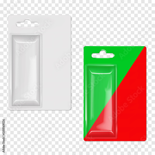 Hanging cardboard and clear plastic rectangle blister box. Side copy space. Realistic 3d vector mockup. Individual sleeve packaging with euro hole hanger. Mock-up. Easy to edit. Template for design