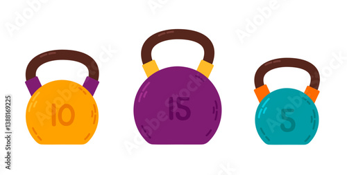 Flat illustrations of colorful kettlebells in different sizes and weights including 5, 10, and 15 kilograms