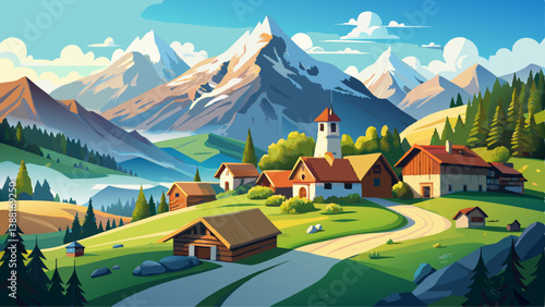 Scenic mountain village with old farmhouses in the Alps