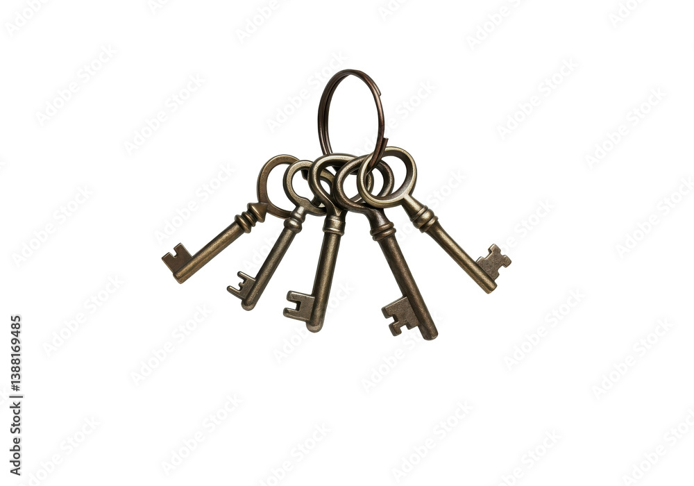 A floating set of antique keys, perfectly horizontal, on a solid white background A floating set of antique keys, perfectly horizontal, on a solid white background