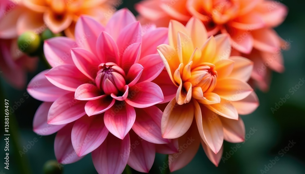 Intricate dahlia blooms, vibrant colors, close-up view, macro, trendy, floral Intricate dahlia blooms, vibrant colors, close-up view, macro, trendy, floral