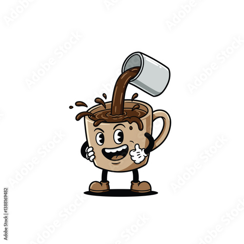 Funny retro cartoon coffee cup character thumbs up