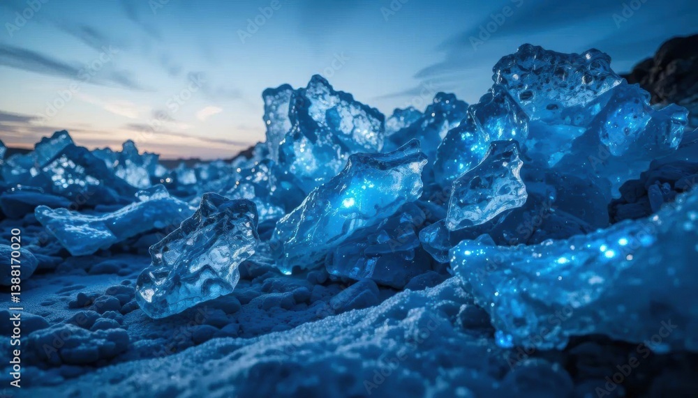 Obraz premium Glacial Ice Fragments: Translucent Blue on Shoreline at Dusk