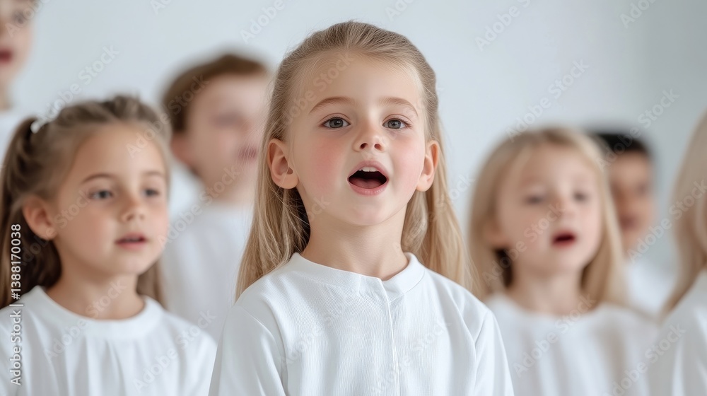 A young girl with blonde hair sings, wearing a white shirt. Other children in white shirts form a blurred background. The image is well-lit, high-quality, and features a soft focus. The style is can A young girl with blonde hair sings, wearing a white shirt. Other children in white shirts form a blurred background. The image is well-lit, high-quality, and features a soft focus. The style is can