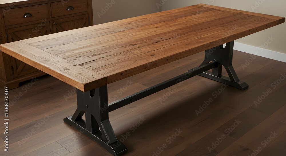 Rustic Wooden Dining Table With Iron Legs And Plank Top Close Up Shot Rustic Wooden Dining Table With Iron Legs And Plank Top Close Up Shot